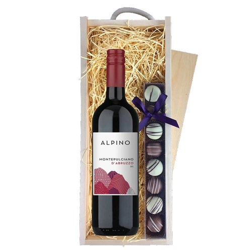 Alpino Montepulciano d'Abruzzo 75cl Red Wine & Truffles, Wooden Box